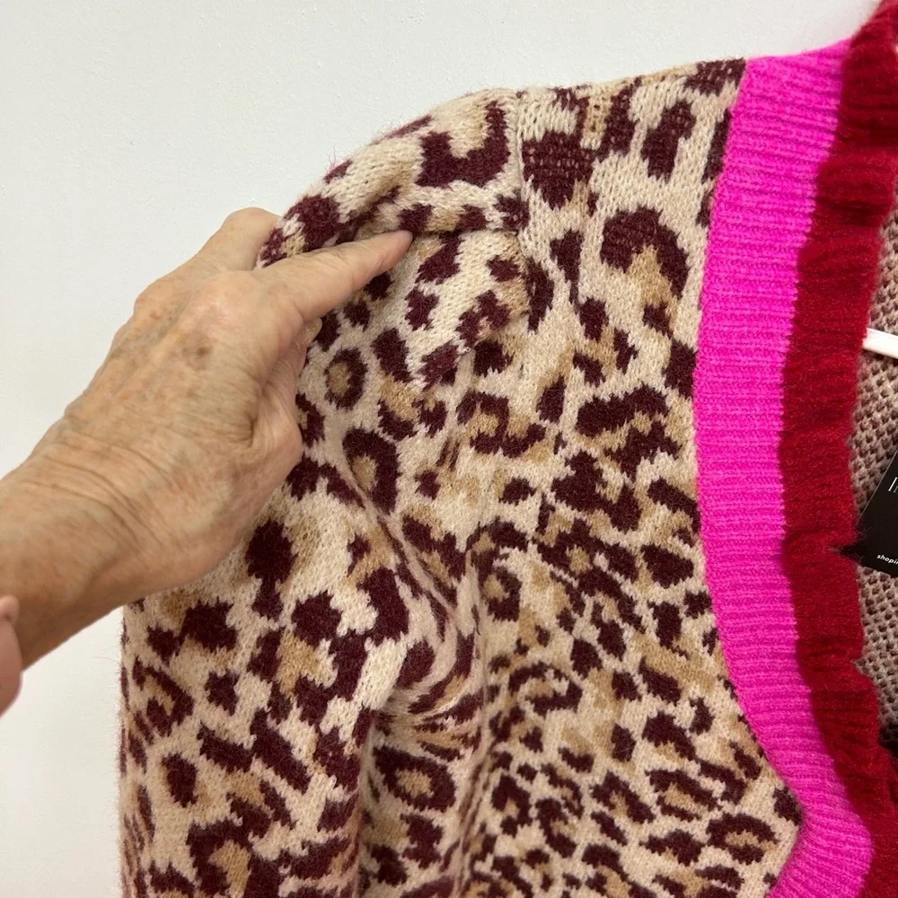 NWT. Impressions Beige Leopard Cardigan with Hot Pink & Burgundy Trim Size M